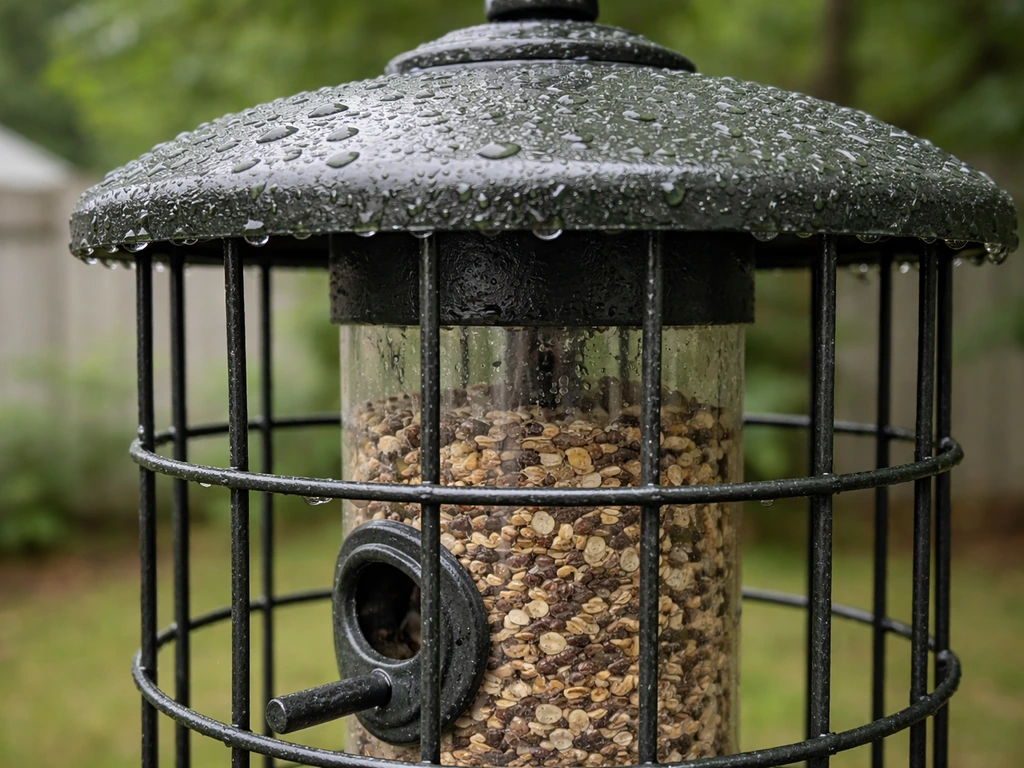 Powder-coated metal bird feeder with a rust-free cage, wet-weather look, outdoors.