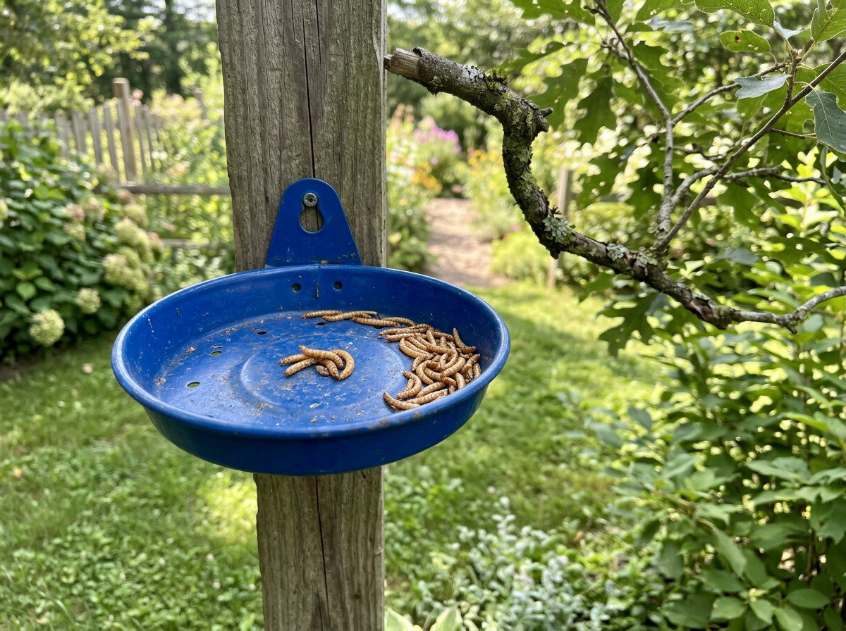 Bluebirds feeder dish holding mealworms at perch height
