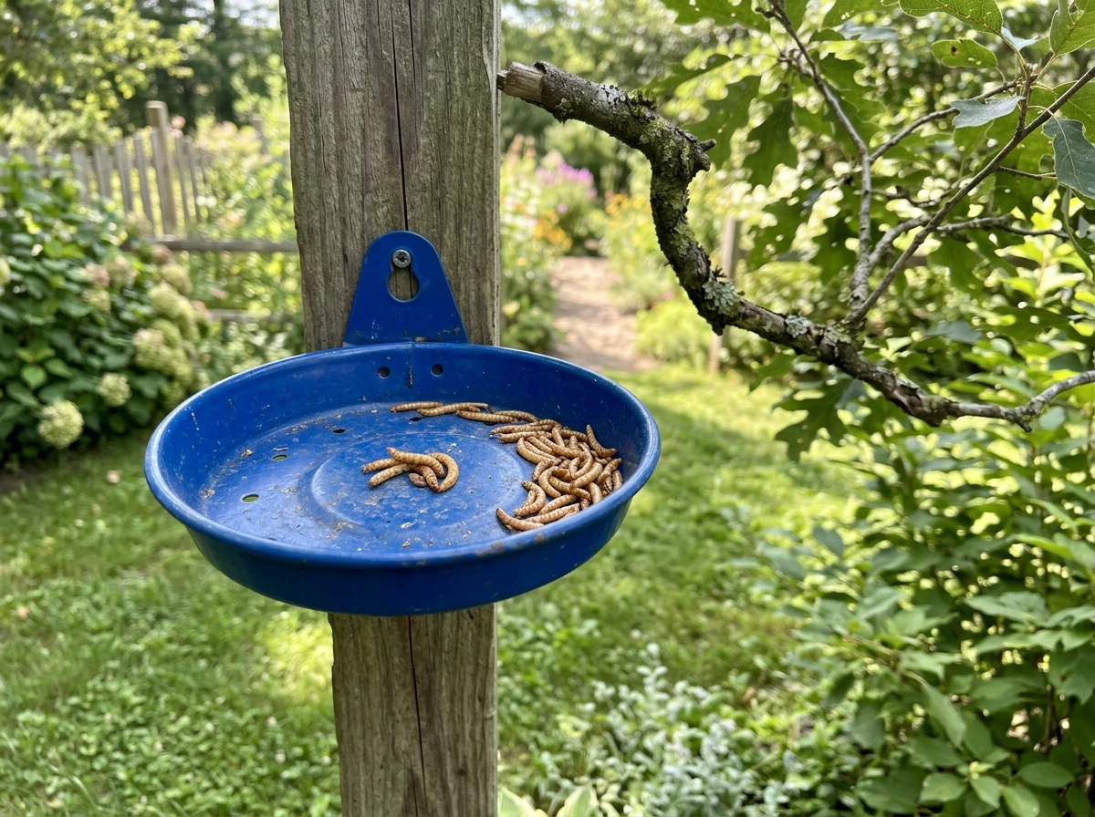 Bluebirds feeder dish holding mealworms at perch height