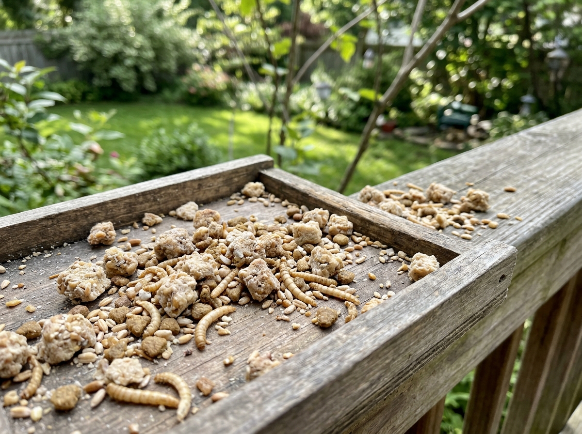 Bluebird suet nugget kibbles mixed with dried mealworms in feeder