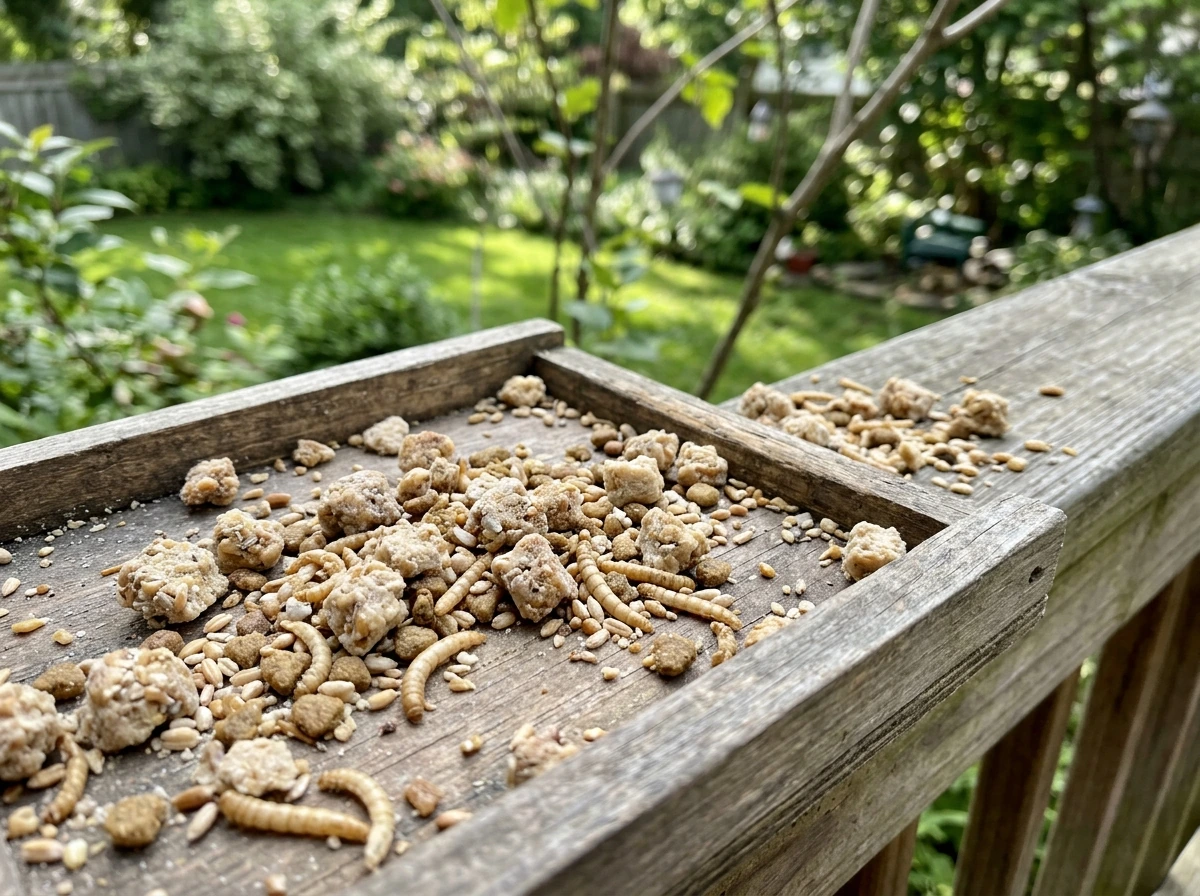 Bluebird suet nugget kibbles mixed with dried mealworms in feeder
