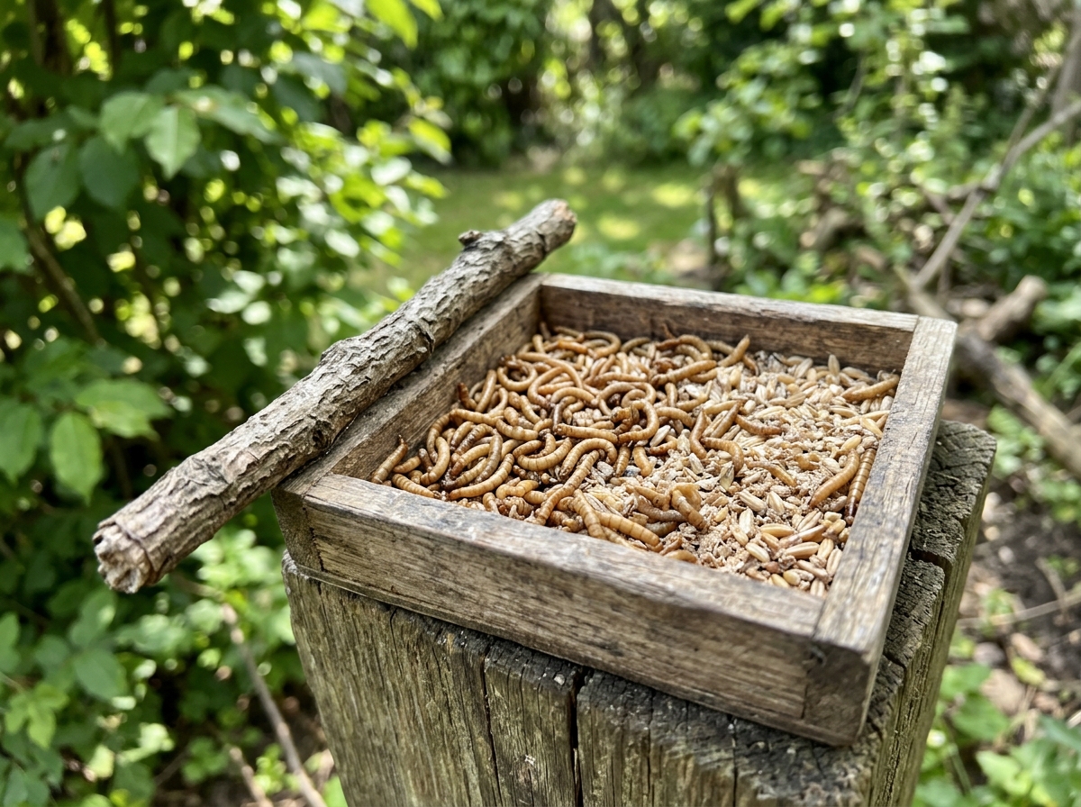 Live mealworms in a small tray with a perch nearby