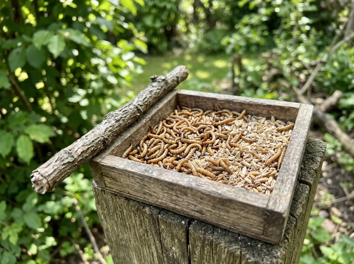 Live mealworms in a small tray with a perch nearby