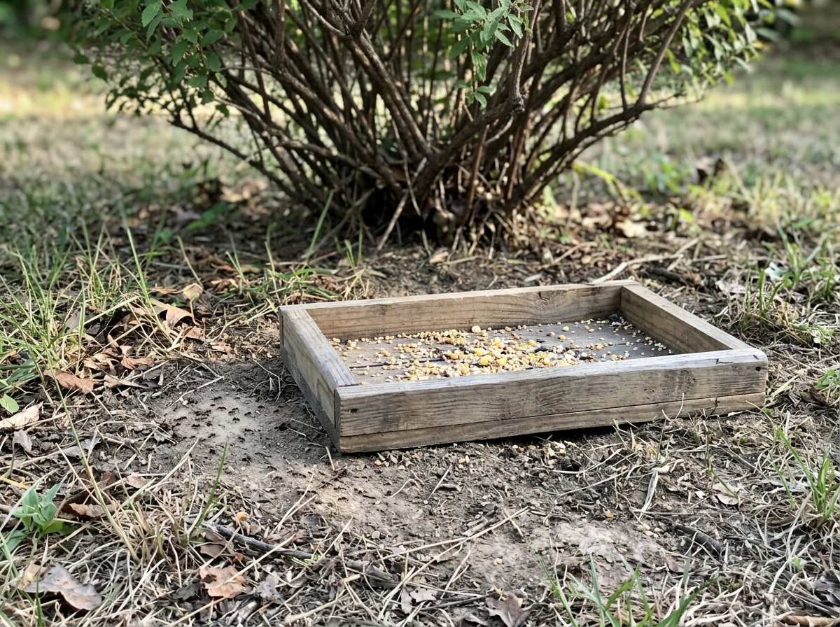 Ground tray feeder placed on soil near a shrub, mimicking flickers’ natural foraging