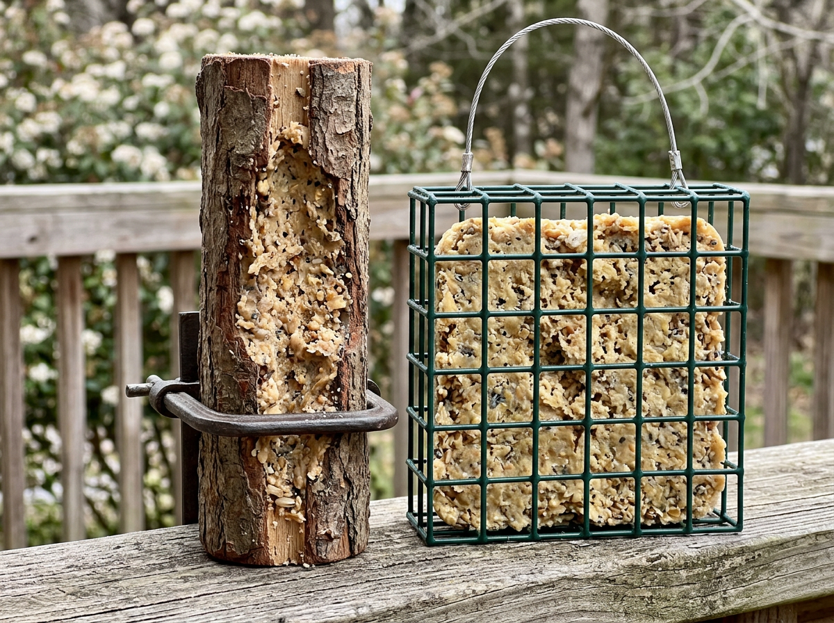 Close-up of suet feeder options: suet log beside a wire cage suet feeder