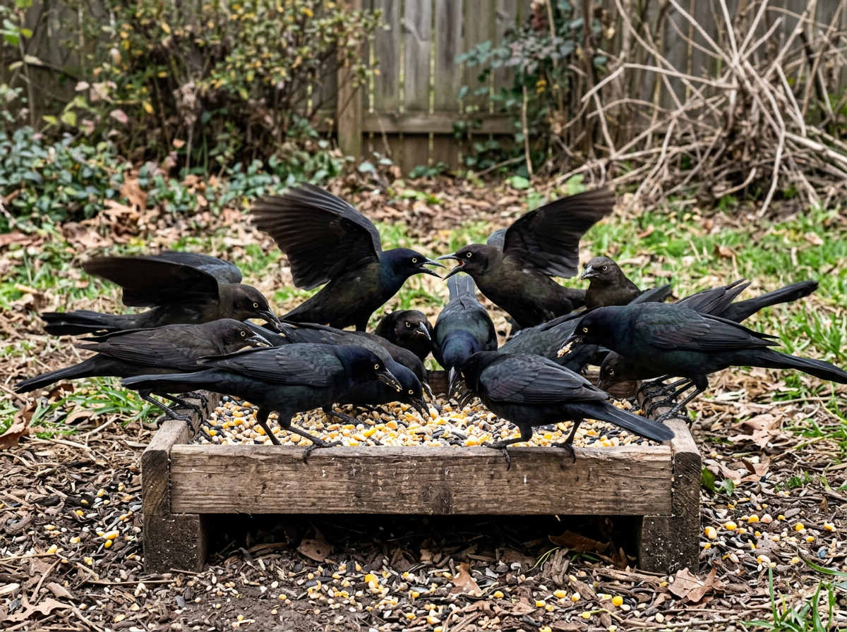 Open platform feeder crowded by grackles, showing why they empty flicker feeders quickly