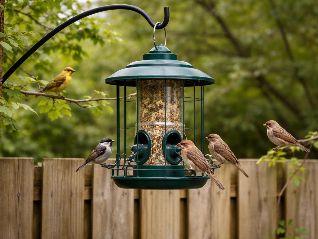 Multiple small birds feed together at a weatherproof, squirrel-resistant feeder in a backyard.