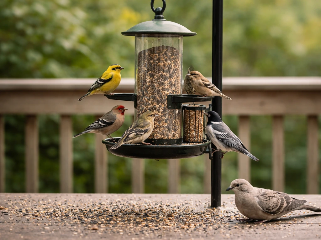 Mixed songbirds feeding together at a backyard feeder with seeds scattered on a simple railing.