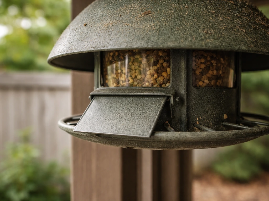 Close-up of a weight-activated feeder shroud blocking access when a heavier squirrel triggers it.