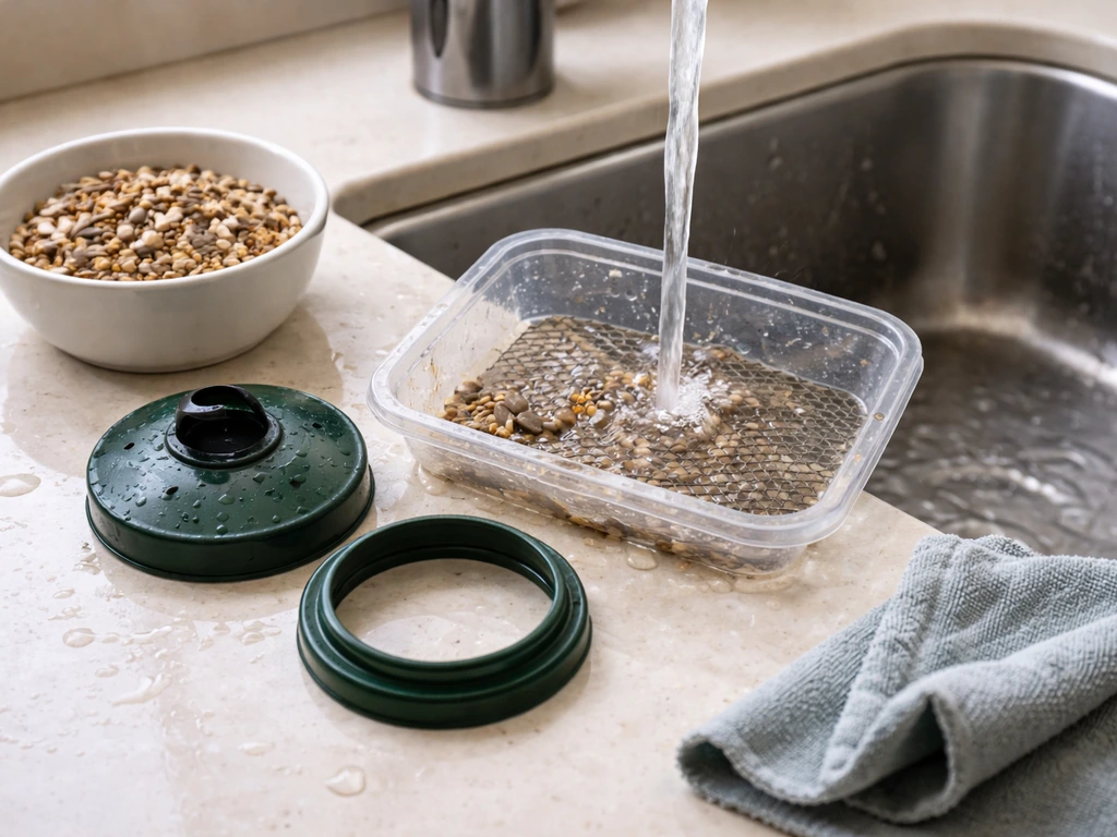 Close-up of bird feeder parts being rinsed over a sink, with seed residue and clean pieces laid out.