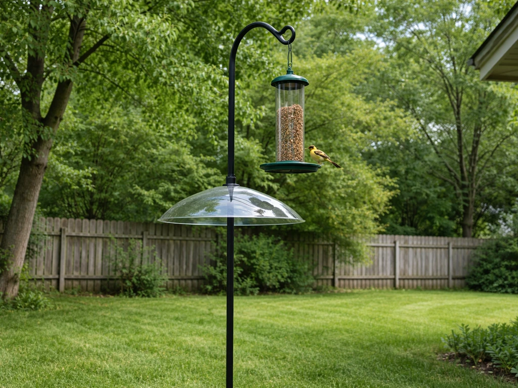 Bird feeder on a pole with baffle in a yard, placed away from trees, fences, and roofline.