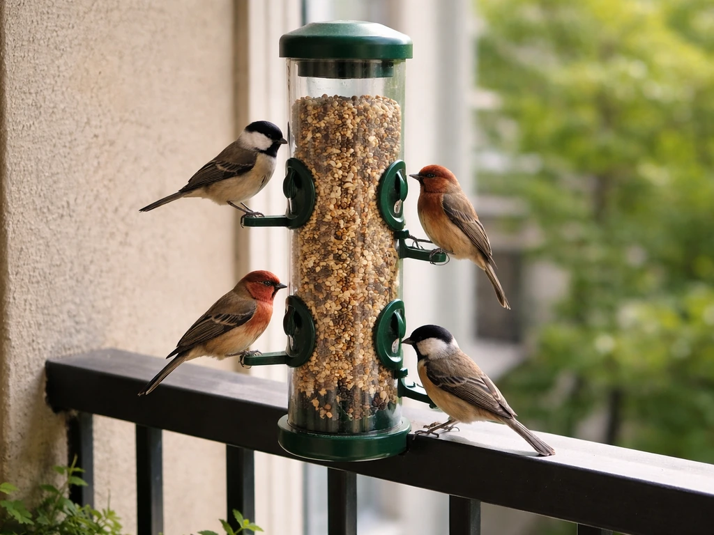 Small multi-port tube feeder on an apartment balcony with chickadees and finches feeding.