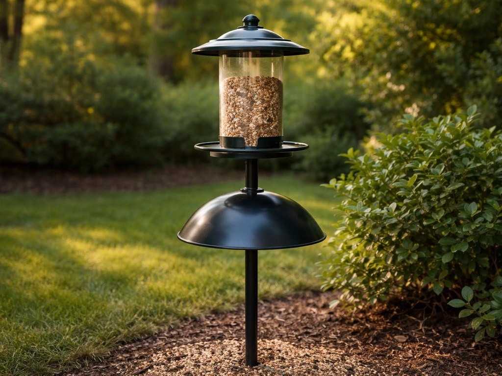 Squirrel-resistant bird feeder on a baffle pole in a backyard garden, ready for birds to land.