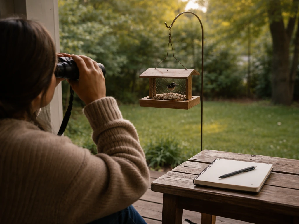 Person bird-watching from a porch with binoculars beside a window-mounted bird feeder and seed tray.