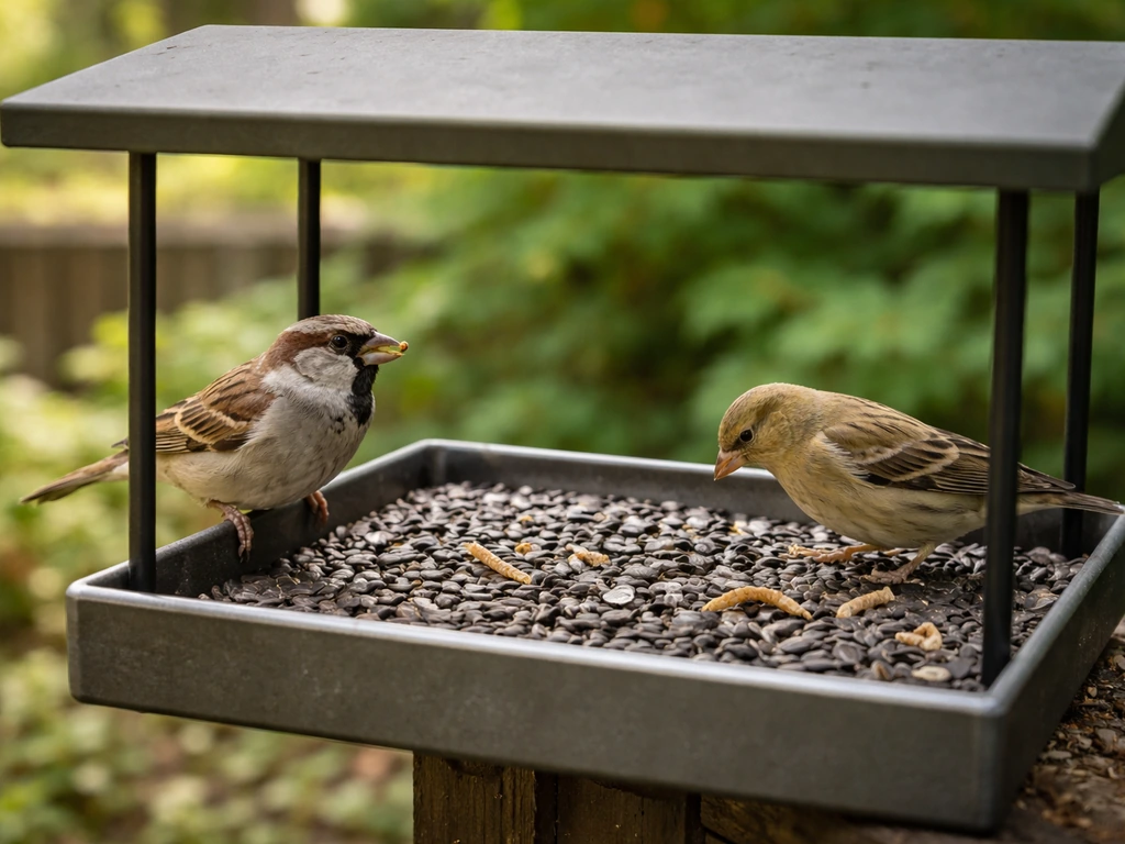 Close-up of a platform bird feeder with seed and a couple small birds perched nearby