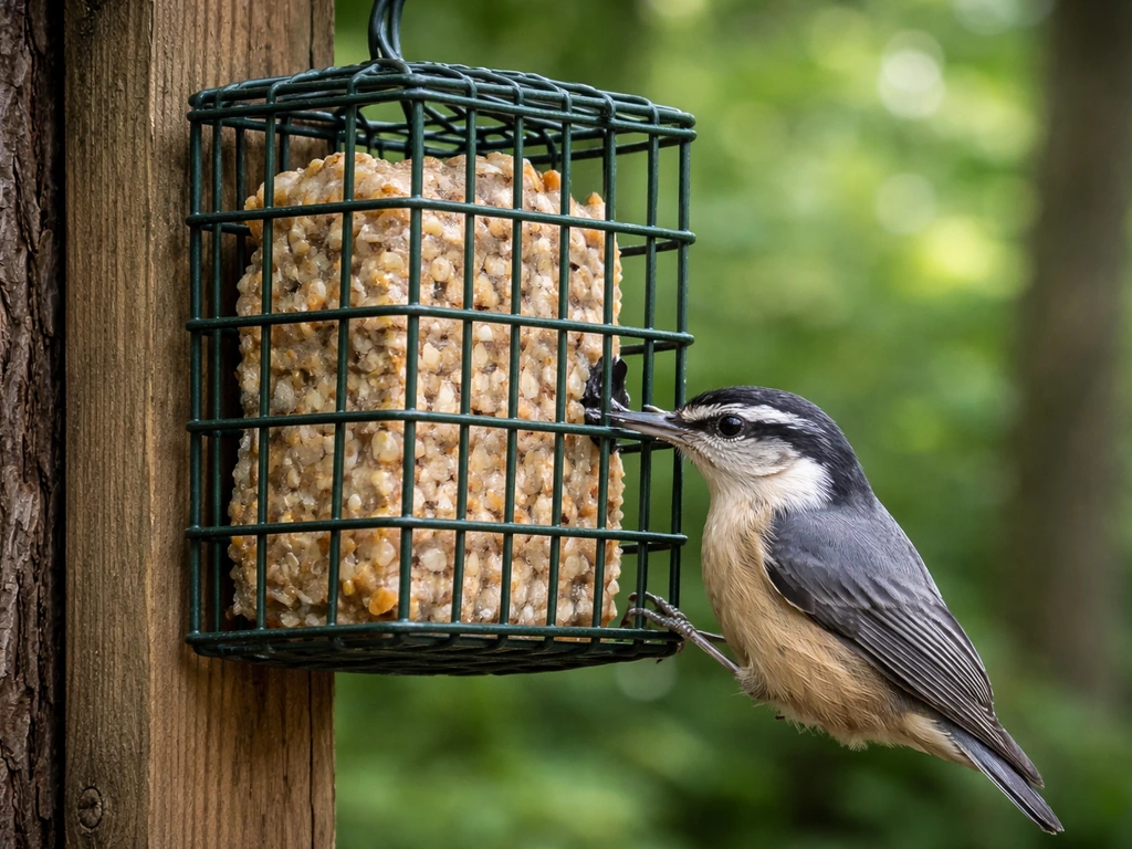 Small wild bird feeding at the port of a wire suet cage with a suet cake inside