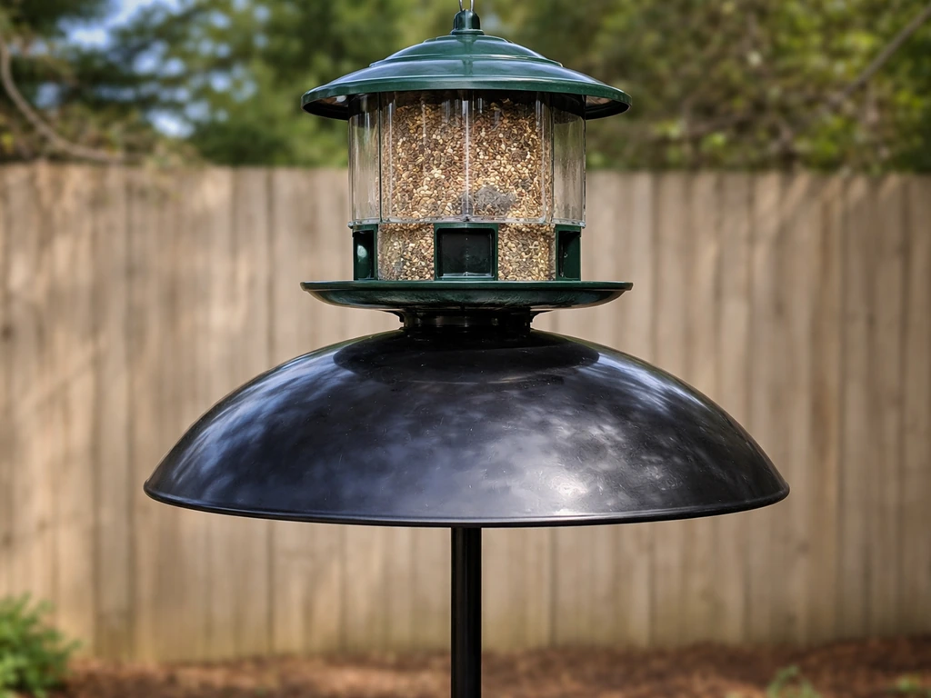 Backyard pole feeder with dome baffle below and weight-activated shroud to block squirrel access