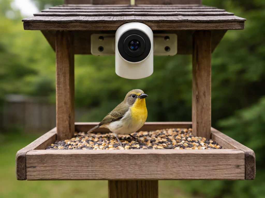 A smart bird feeder camera mounted on a feeder with a small bird perched in view.
