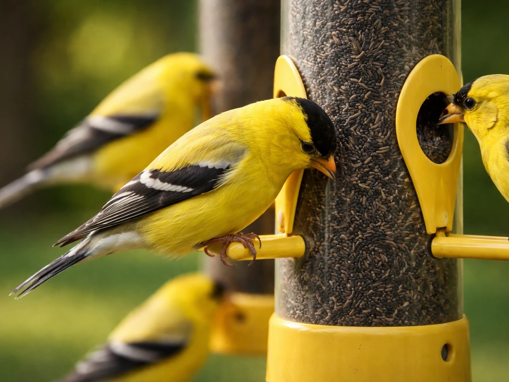 Close-up of goldfinches feeding at a yellow thistle-style feeder in soft backyard light.