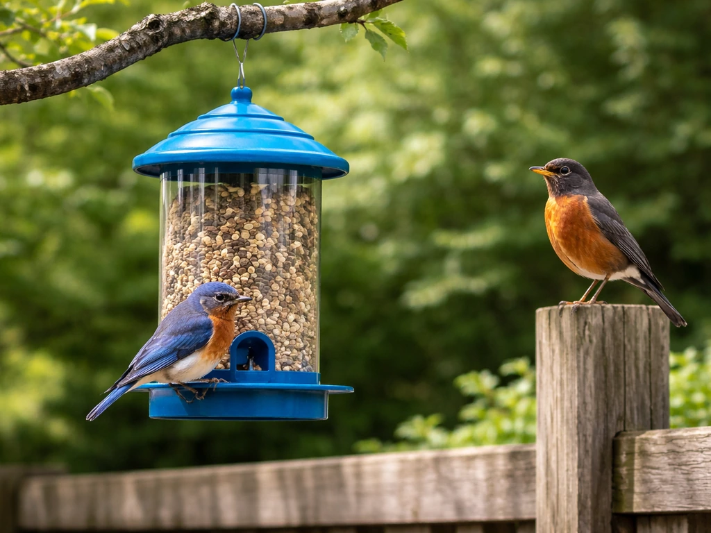 Bluebird perched at a blue feeder entrance with a robin nearby in a quiet backyard garden