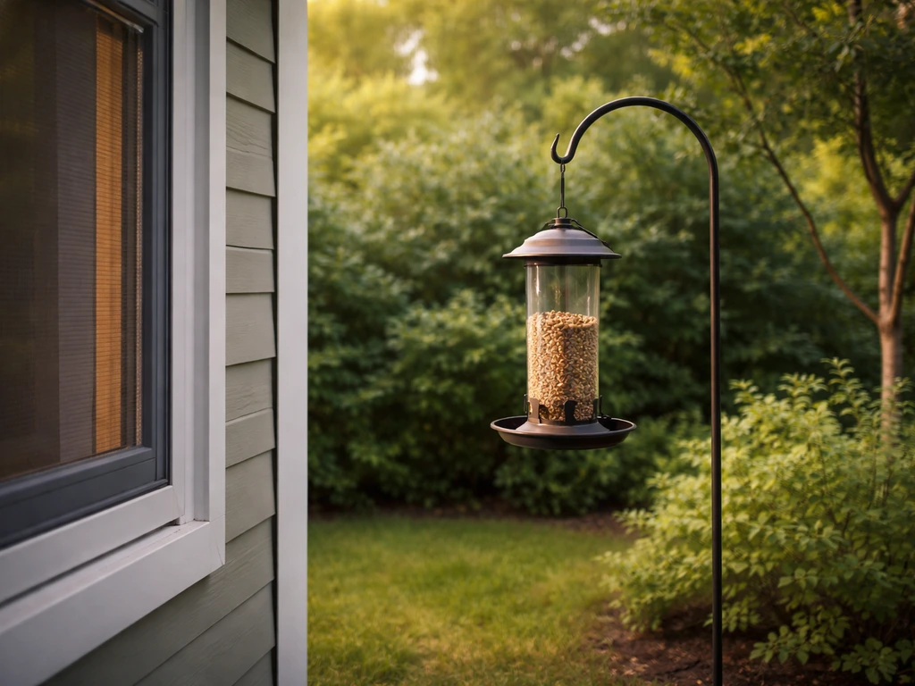 Black metal bird feeder hanging near shrubs and trees, with safe distance showing from a window area.