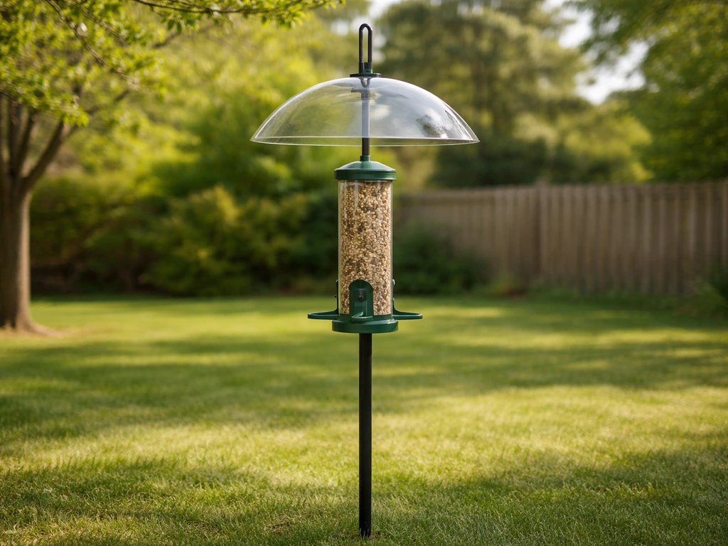 Backyard bird feeder with a dome-style baffle blocking access, with no birds present.