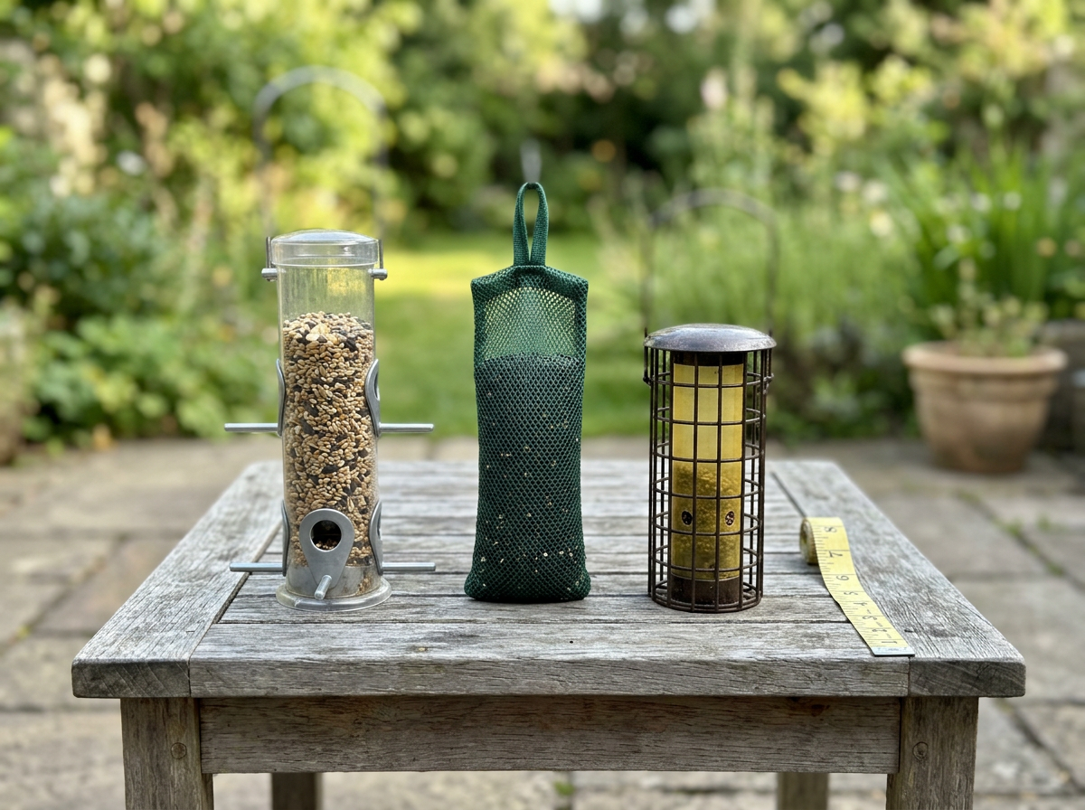 Small feeder types (tube, mesh sock, caged tube) shown side-by-side for size comparison