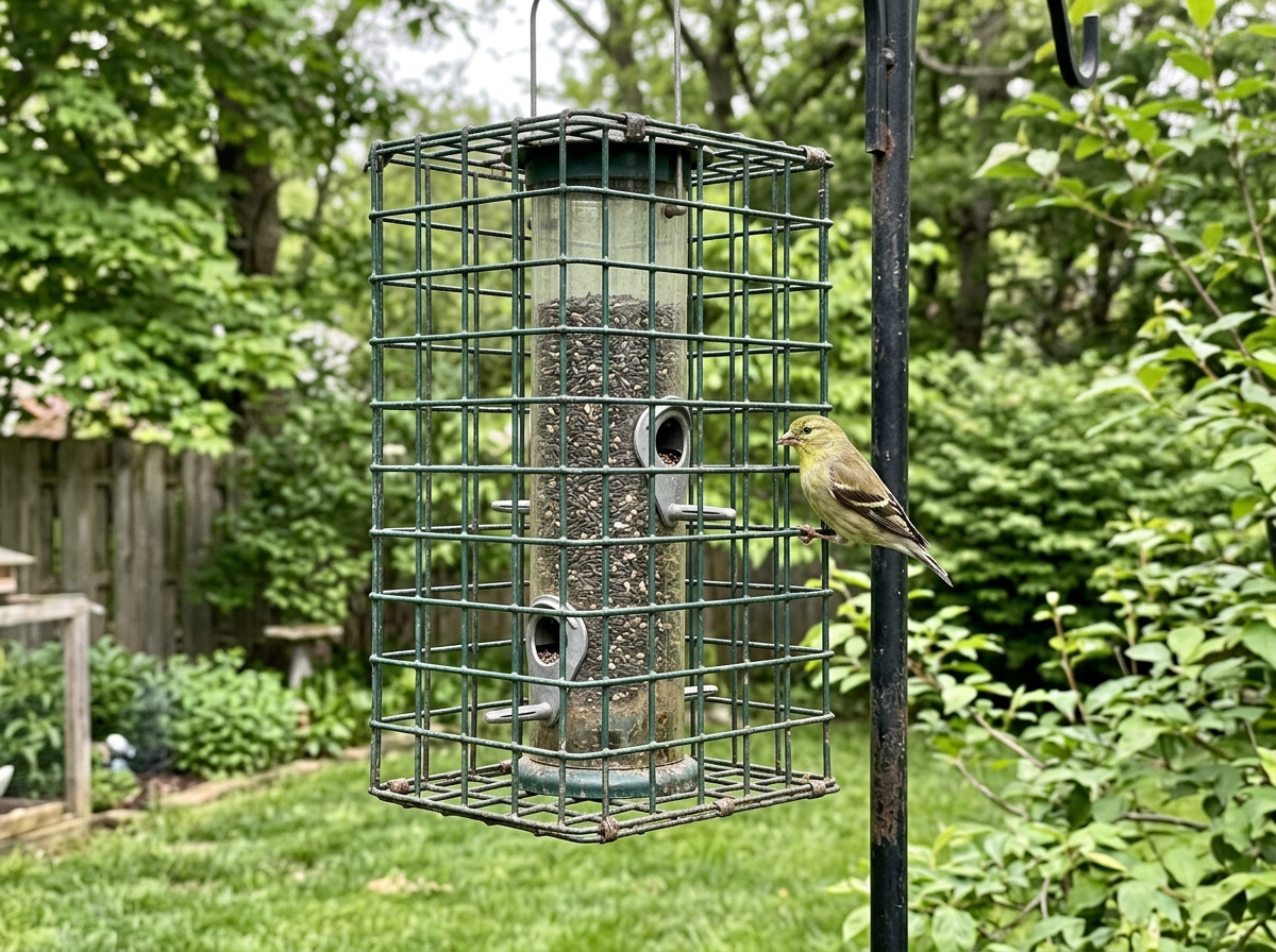 Caged tube feeder showing wire cage openings around the seed ports
