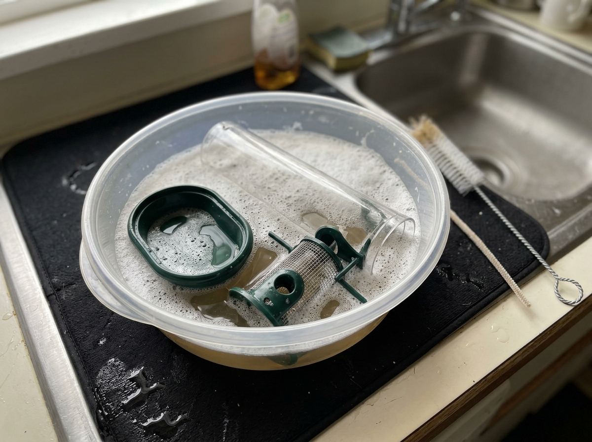 Disassembled tube bird feeder soaking in hot soapy water for cleaning