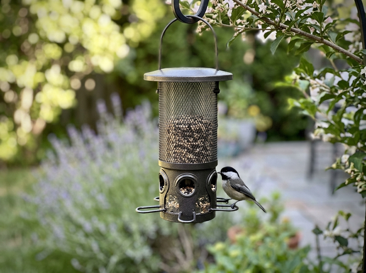 Compact multi-port weight-activated tube feeder with squirrel-guard shroud visible