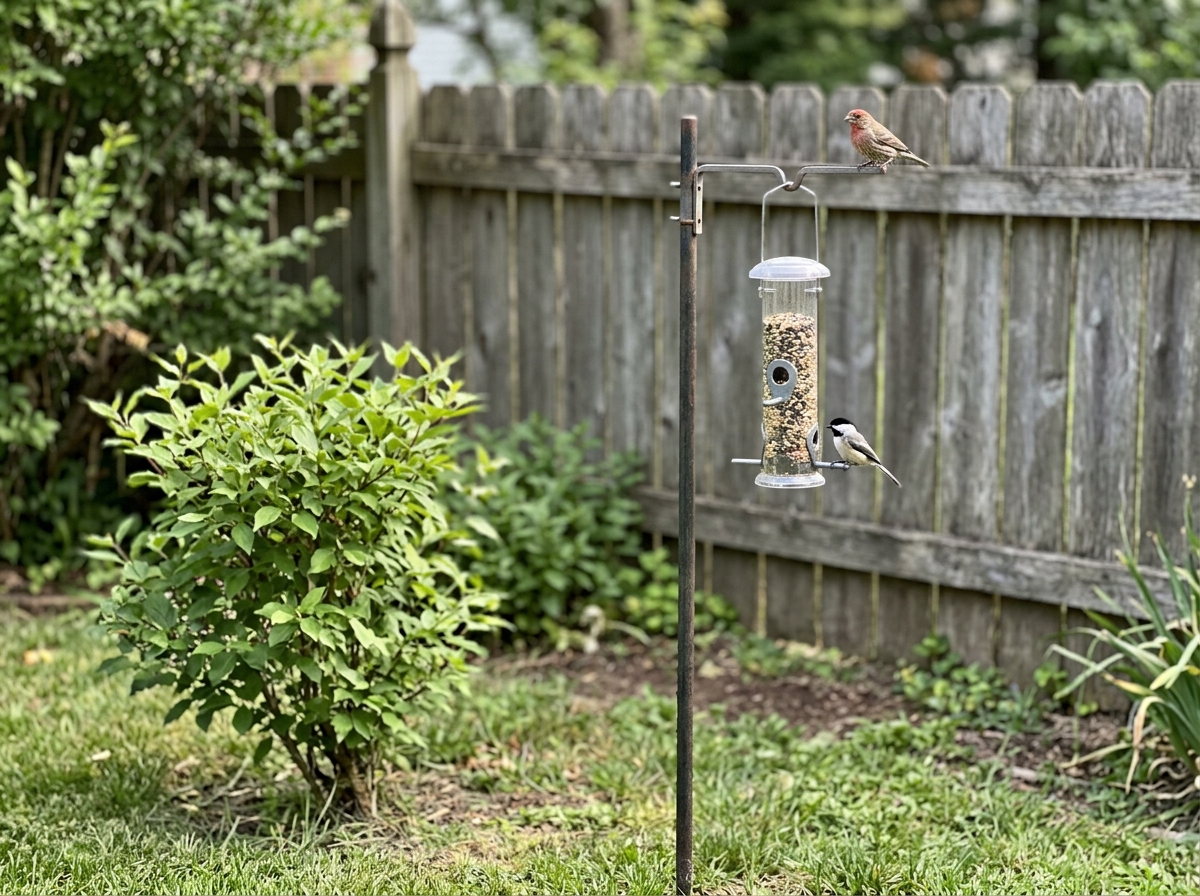 Small tube feeder mounted with nearby cover and safe spacing from structures