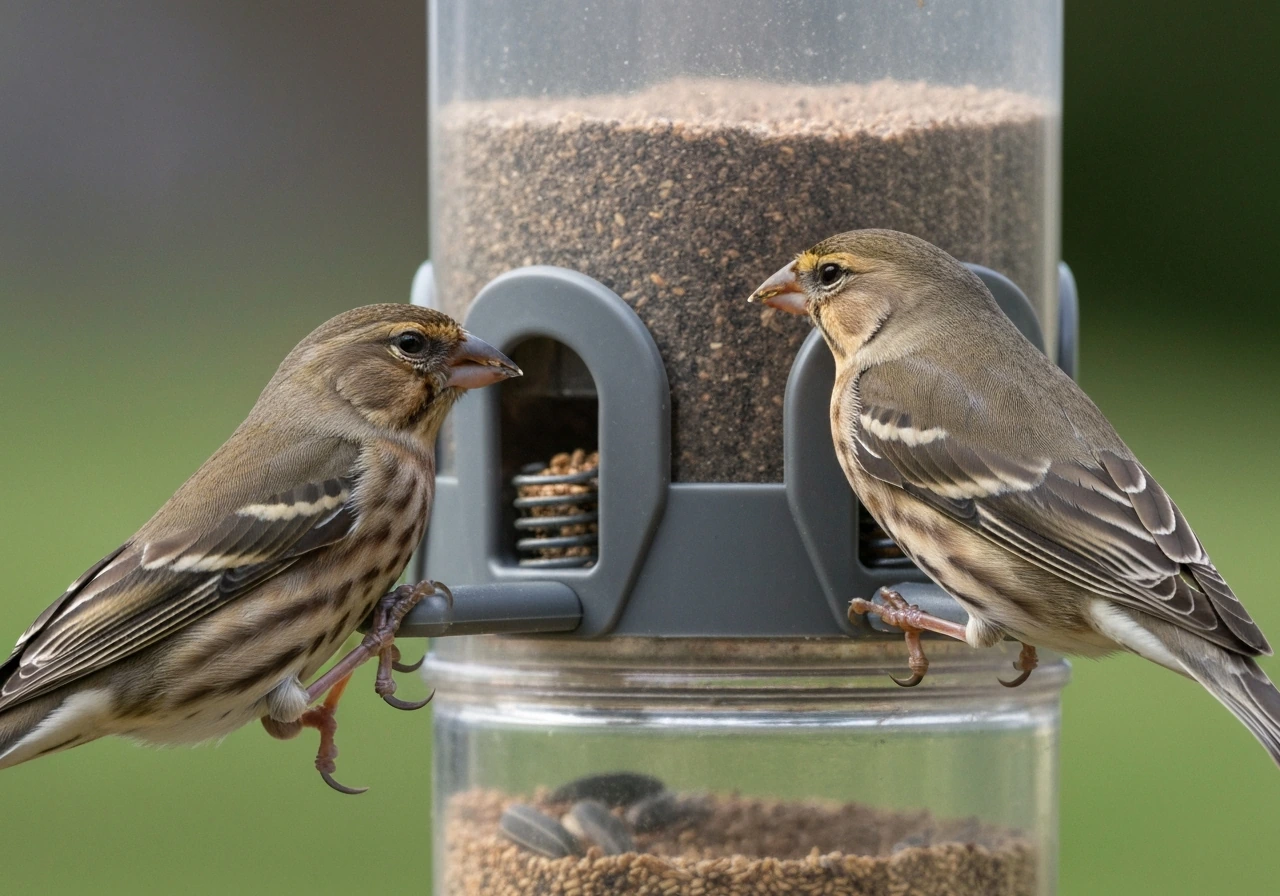 Finches feed through a slit nyjer feeder port with a reservoir that prevents seed spillage.