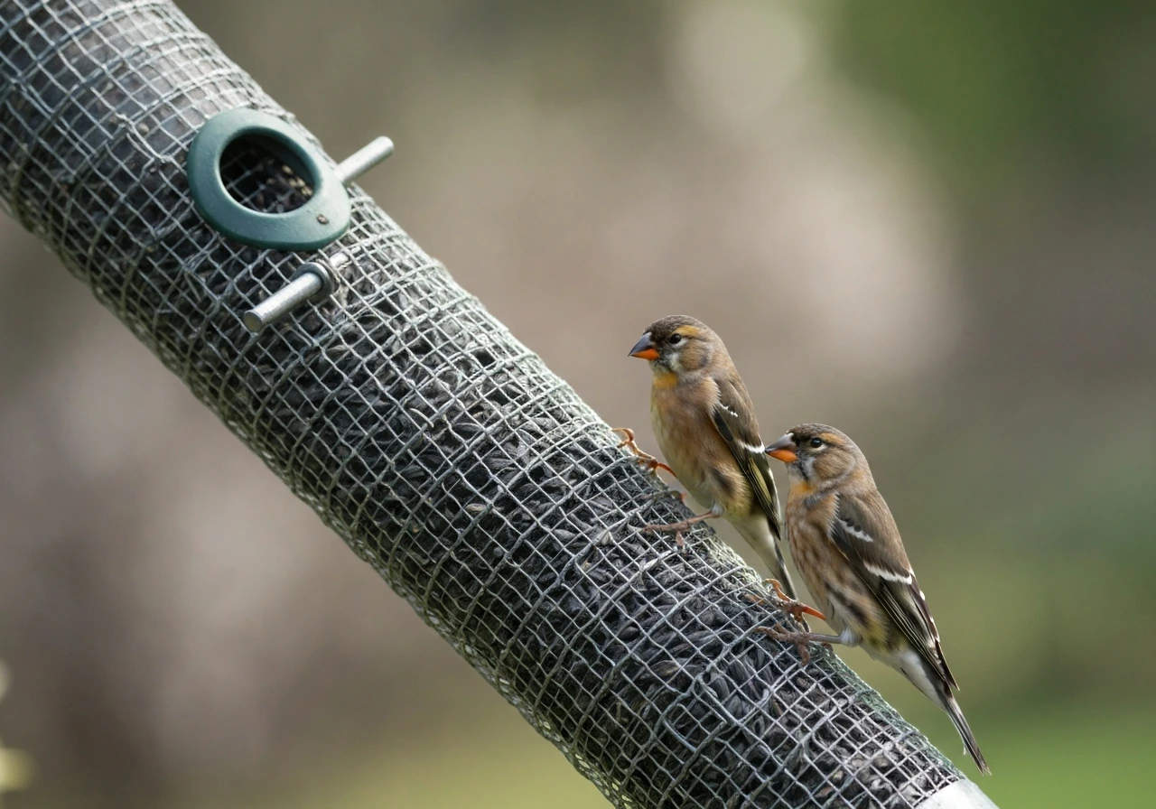 Close-up of finches clinging to a mesh tube nyjer feeder with seed contained in the cylinder