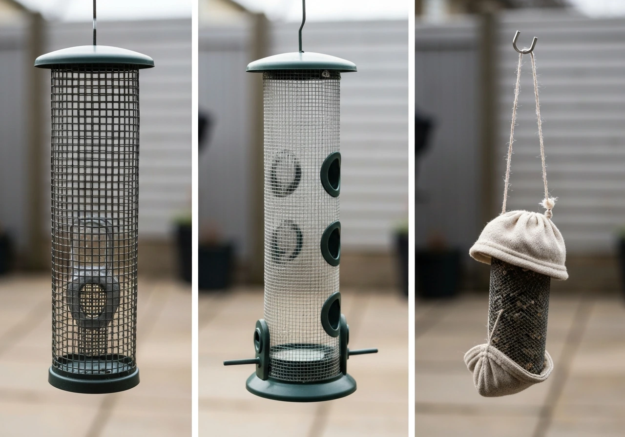 Split-screen photo comparing a tube feeder, mesh tube feeder, and sock feeder in a backyard setting.