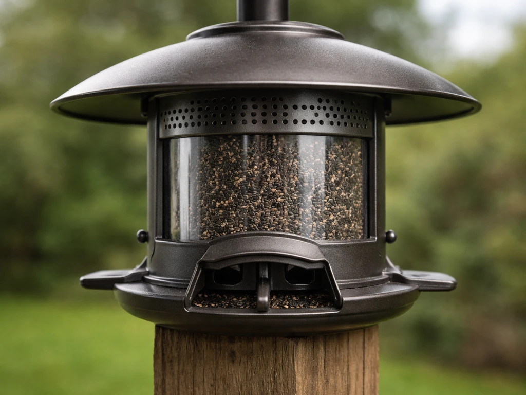 Close-up of a weatherproof nyjer feeder with covered seed tube vents and a squirrel-baffle mechanism.