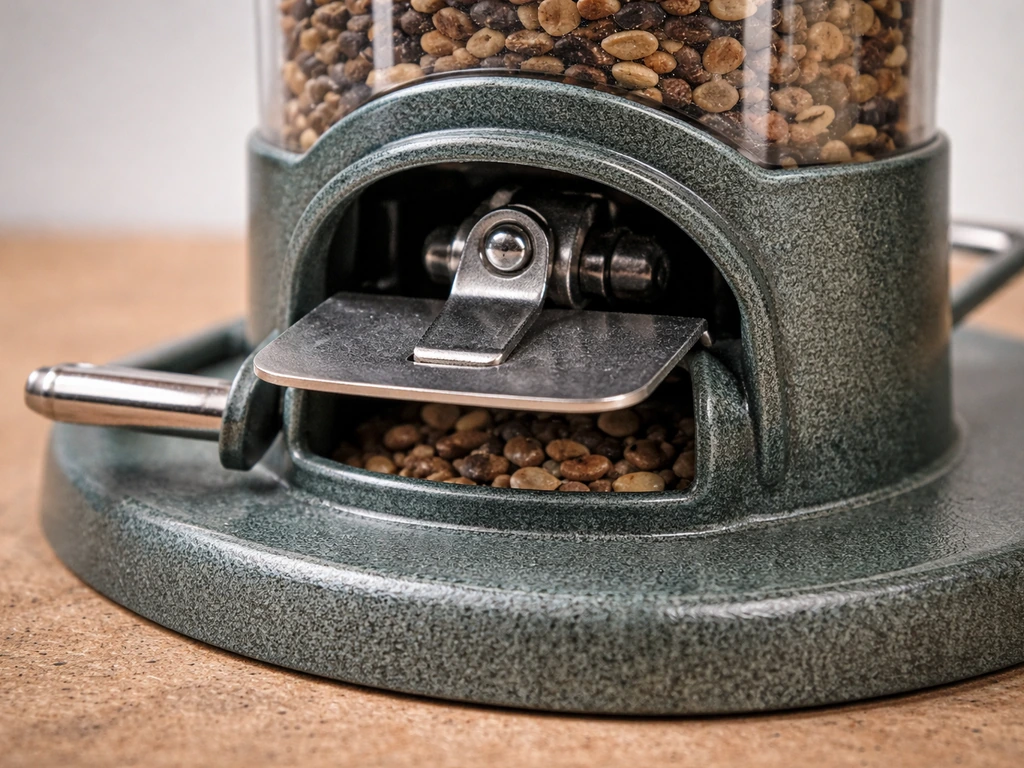 Close-up of a weight-activated feeder mechanism with a lever pressed to close seed ports.