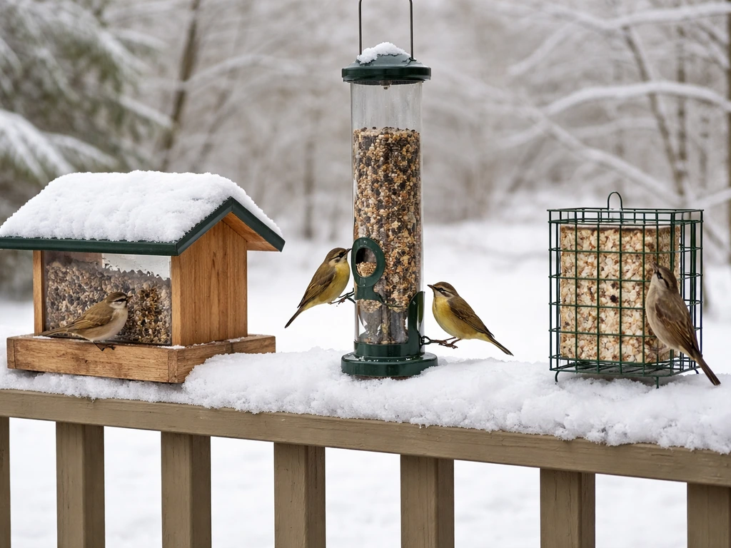 Winter yard with three bird feeders (hopper, tube, suet) and different small birds perched.
