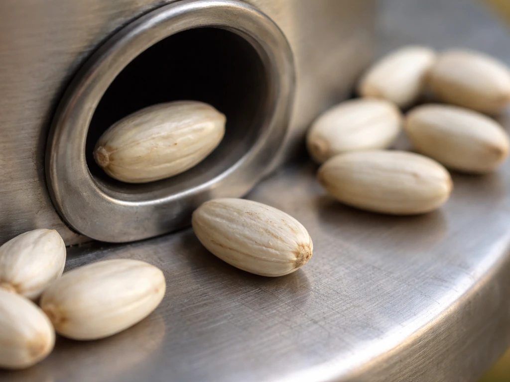 Close-up of chunky oval safflower seeds on a simple metal surface, emphasizing thick hard shells