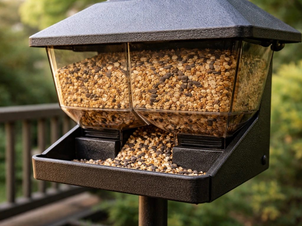 Close-up of a hopper bird feeder’s enclosed reservoir with gravity flow toward the feeding opening.
