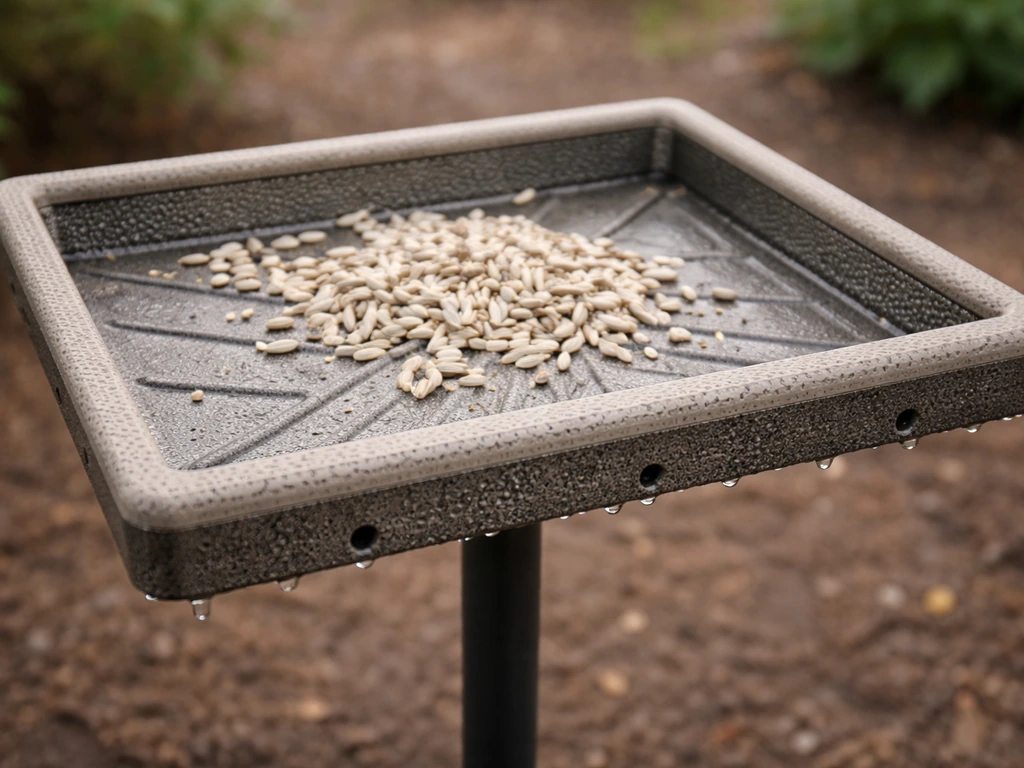 Open bird tray feeder with seed protected by drainage grooves, outdoors on a simple stand.