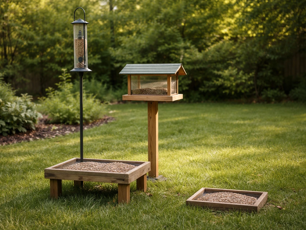 Bird feeders on a porch and lawn, showing typical mounting heights from ground level to 6 feet.