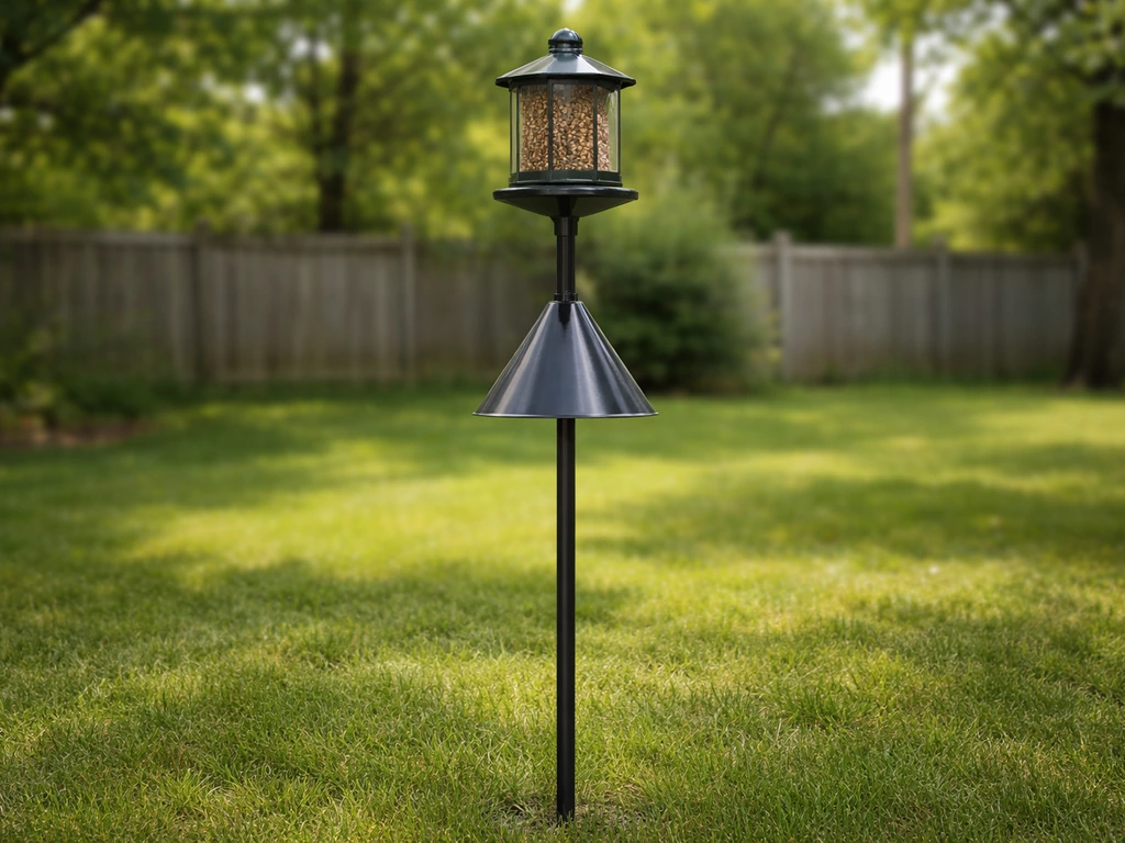 Freestanding bird-feeder pole with a squirrel baffle placed around 4–5 feet above the ground.