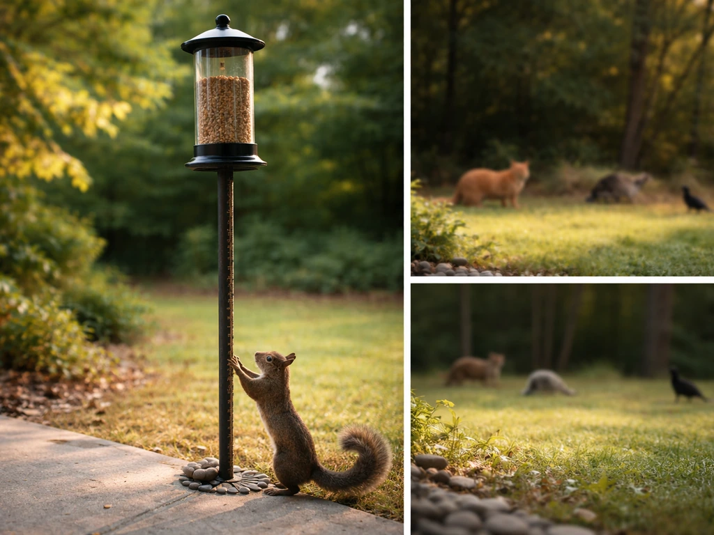 Feeder on a pole with a squirrel just out of reach; blurred distant cat/raccoon/grackle vignette shows risk differences.