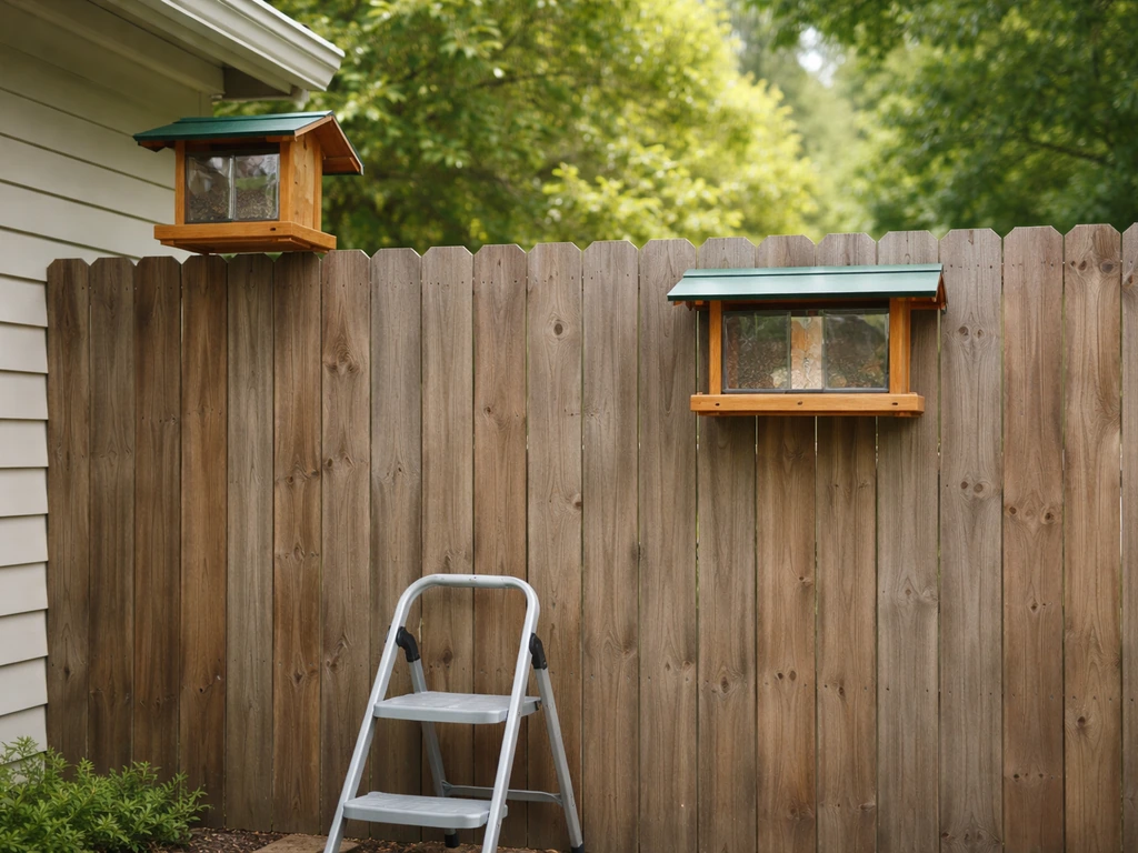 Two backyard feeders on a fence, one mounted too high and the other at a correct reachable height.