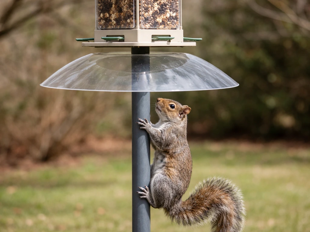 A squirrel tries to climb a bird feeder pole, blocked by a baffle under the feeder.