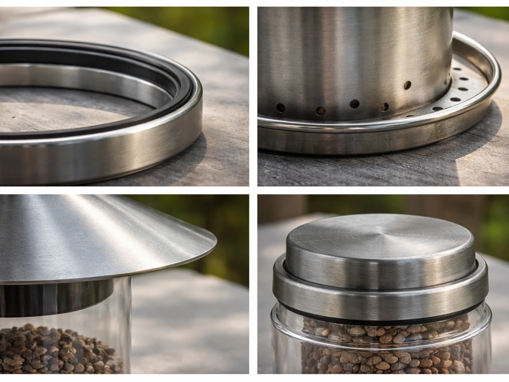 Close-up of metal feeder parts showing gasket, drainage holes, overhang, and snug hopper cap fit.