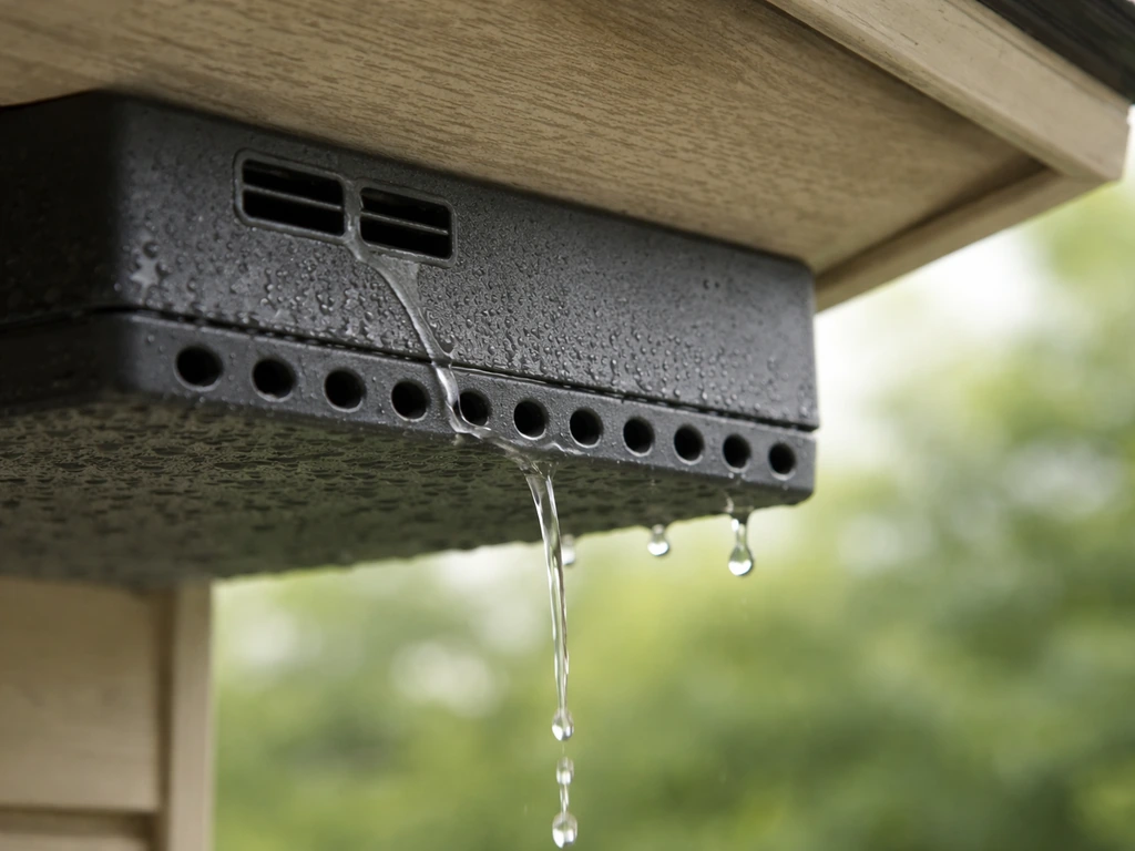 Close-up of a roof-mounted feeder base with drain holes and small vent openings, showing a clear water pathway.
