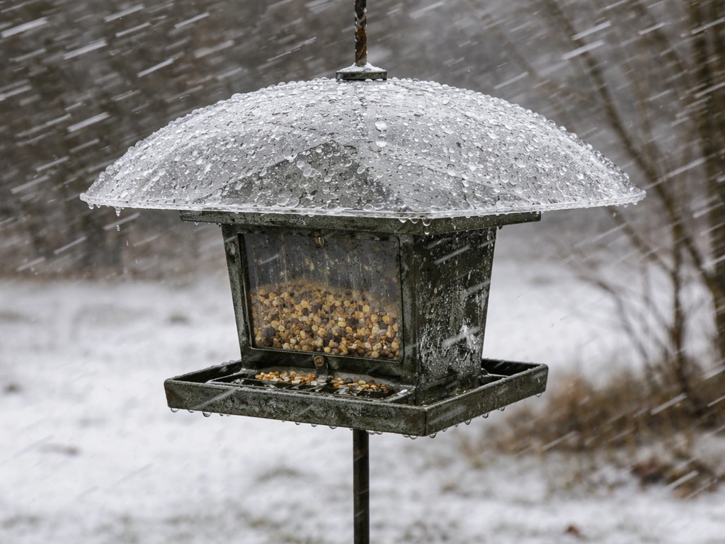Metal hopper bird feeder under a dome guard in wind-driven rain and snow.