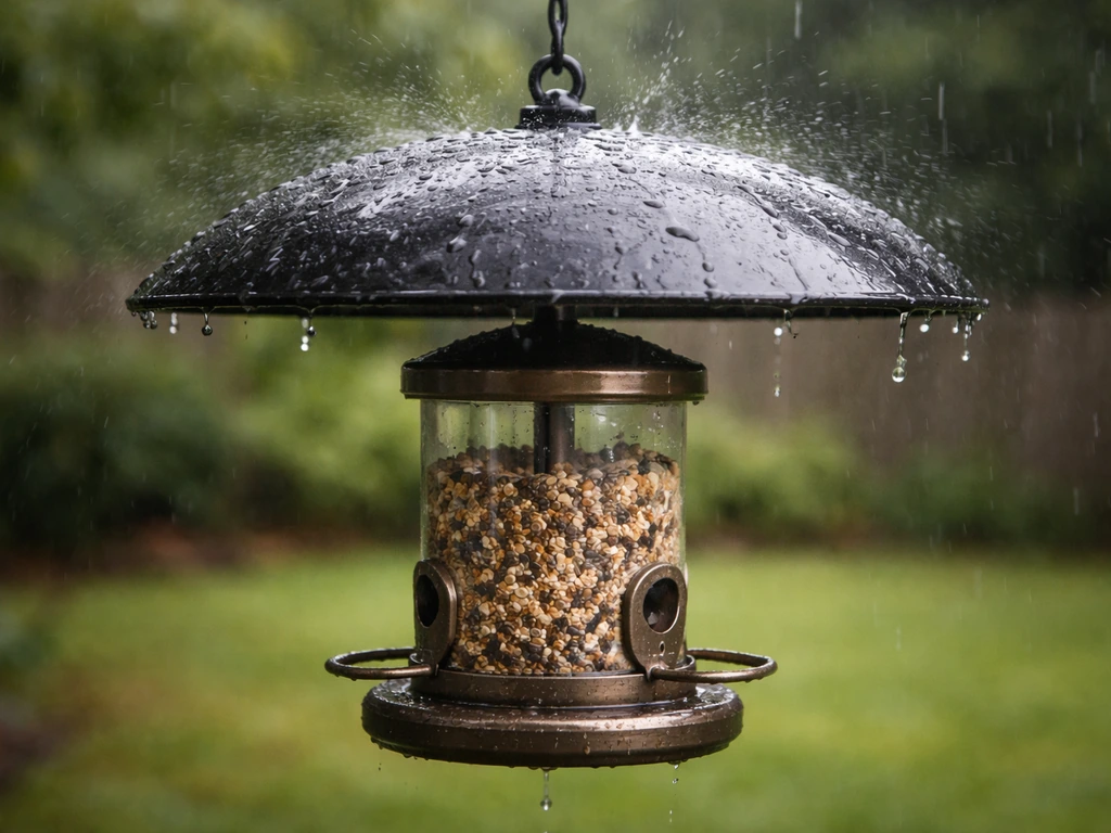 Hanging bird feeder under a dome baffle with rain deflection above feeding ports.