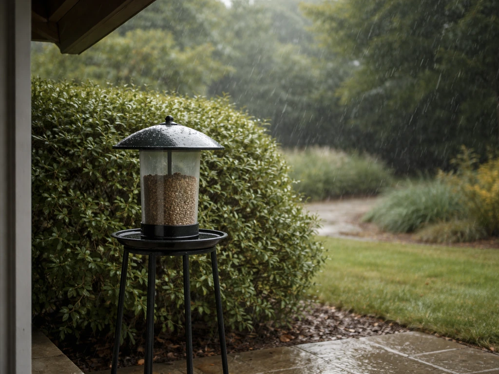 Waterproof bird feeder on a garden stand in a partially sheltered yard during light rain.